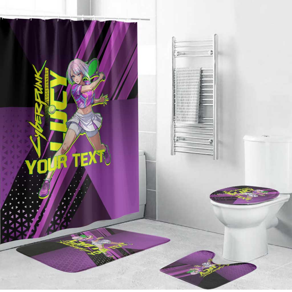 Personalized Lucy Tennis Design Bathroom Set with a Cyberpunk Edgerunners Theme Featuring Neon Purple and Dynamic Poses