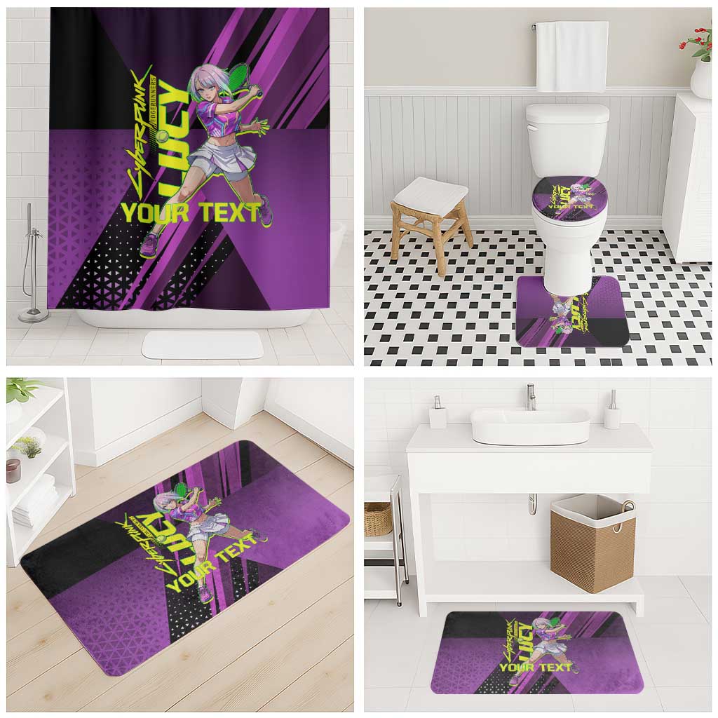 Personalized Lucy Tennis Design Bathroom Set with a Cyberpunk Edgerunners Theme Featuring Neon Purple and Dynamic Poses