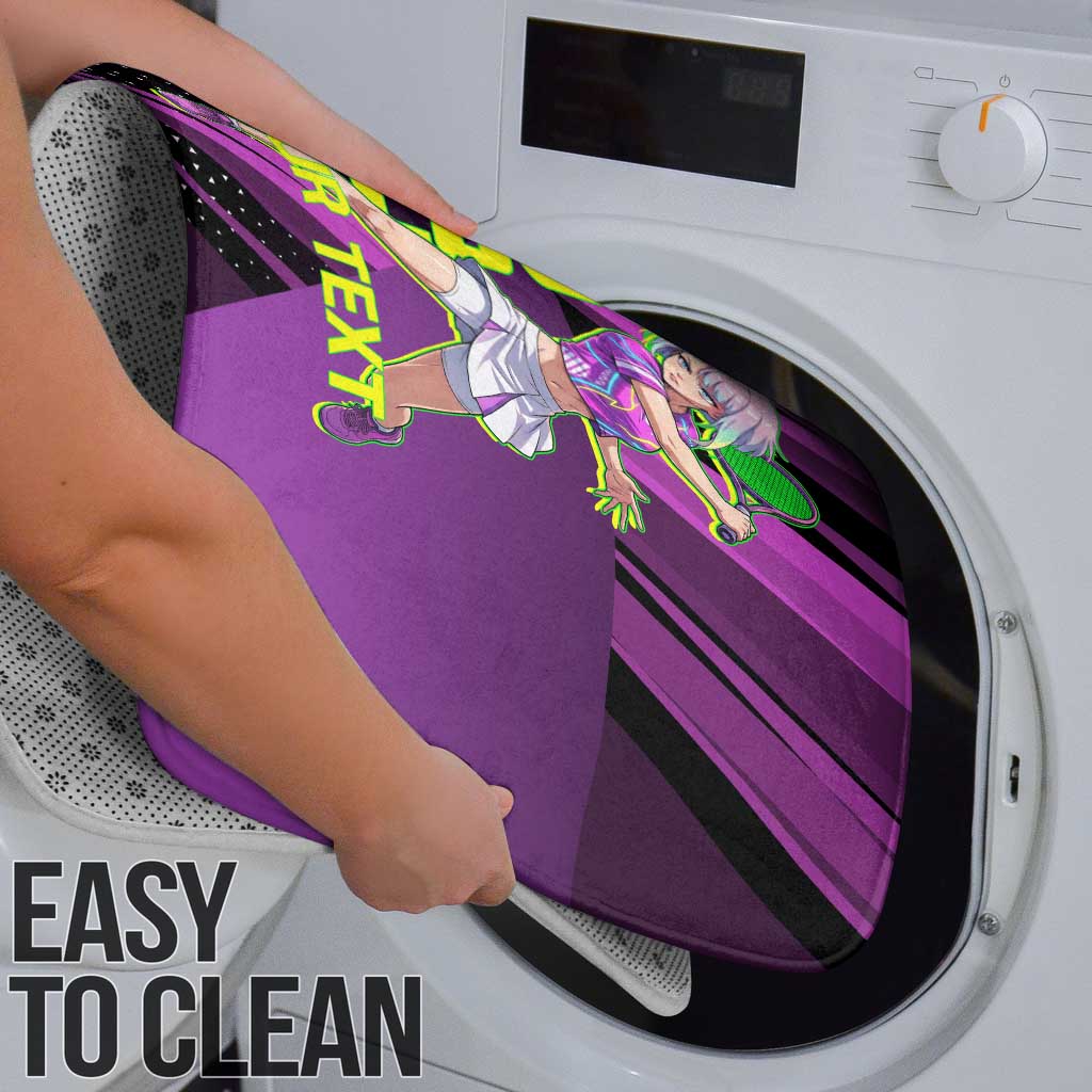 Personalized Lucy Tennis Design Bathroom Set with a Cyberpunk Edgerunners Theme Featuring Neon Purple and Dynamic Poses