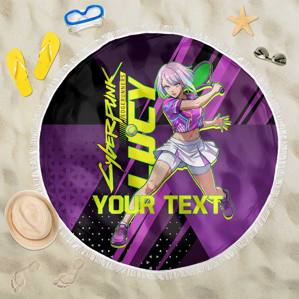 Personalized Lucy Tennis Design Beach Blanket with a Cyberpunk Edgerunners Theme Featuring Neon Purple and Dynamic Poses
