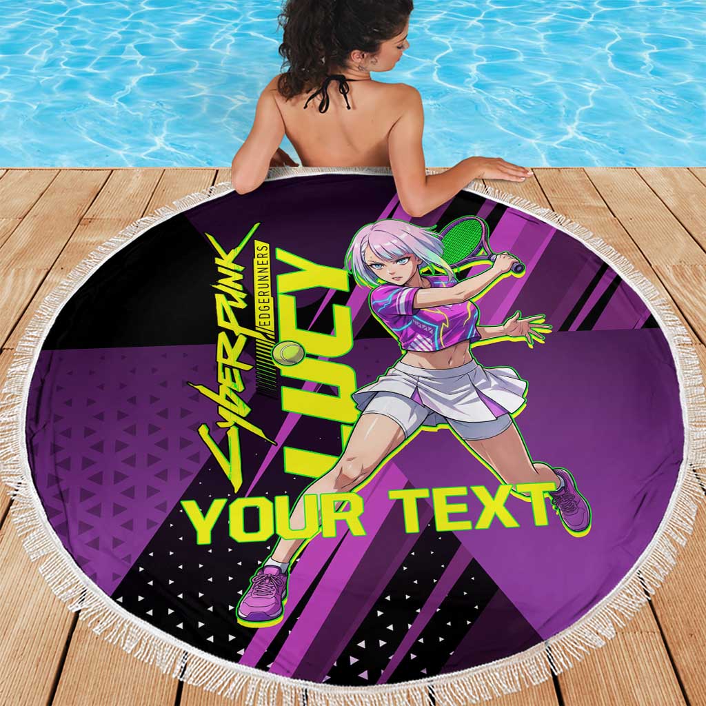 Personalized Lucy Tennis Design Beach Blanket with a Cyberpunk Edgerunners Theme Featuring Neon Purple and Dynamic Poses