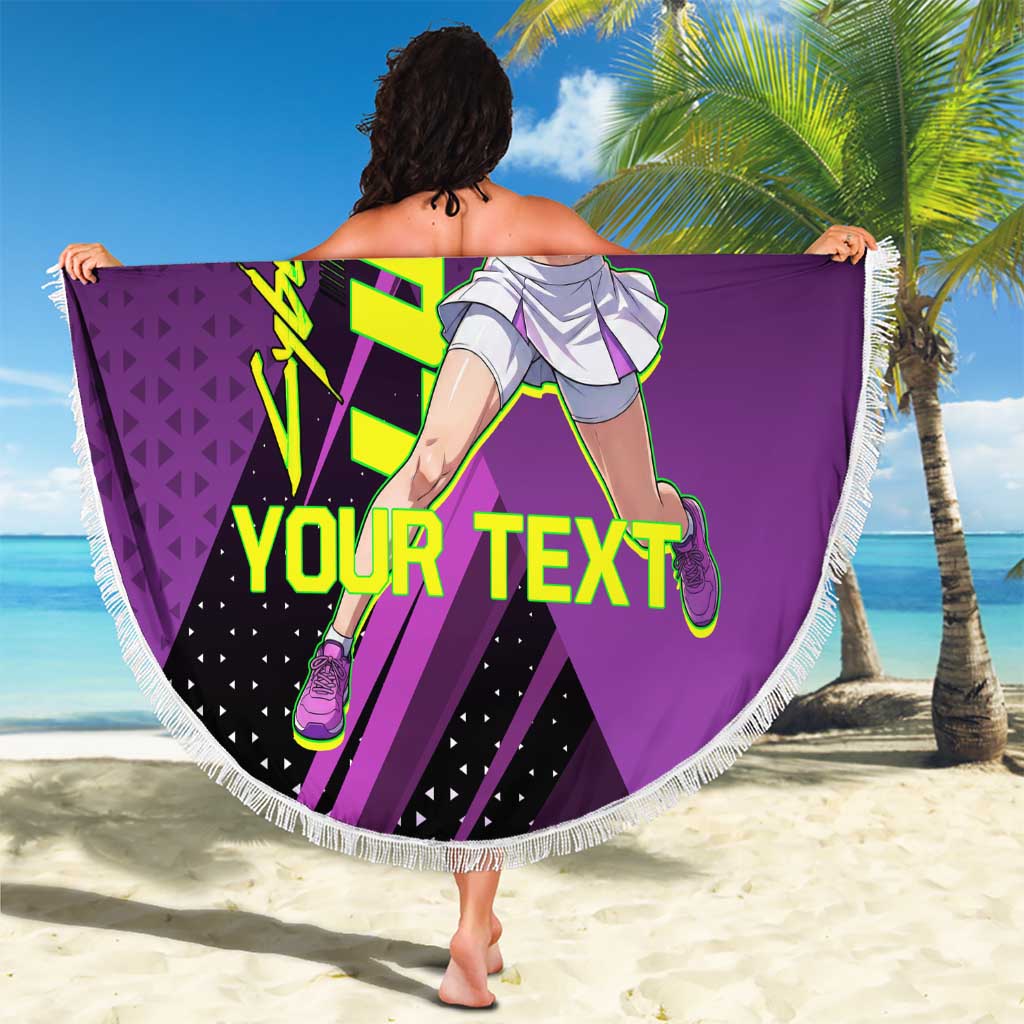 Personalized Lucy Tennis Design Beach Blanket with a Cyberpunk Edgerunners Theme Featuring Neon Purple and Dynamic Poses