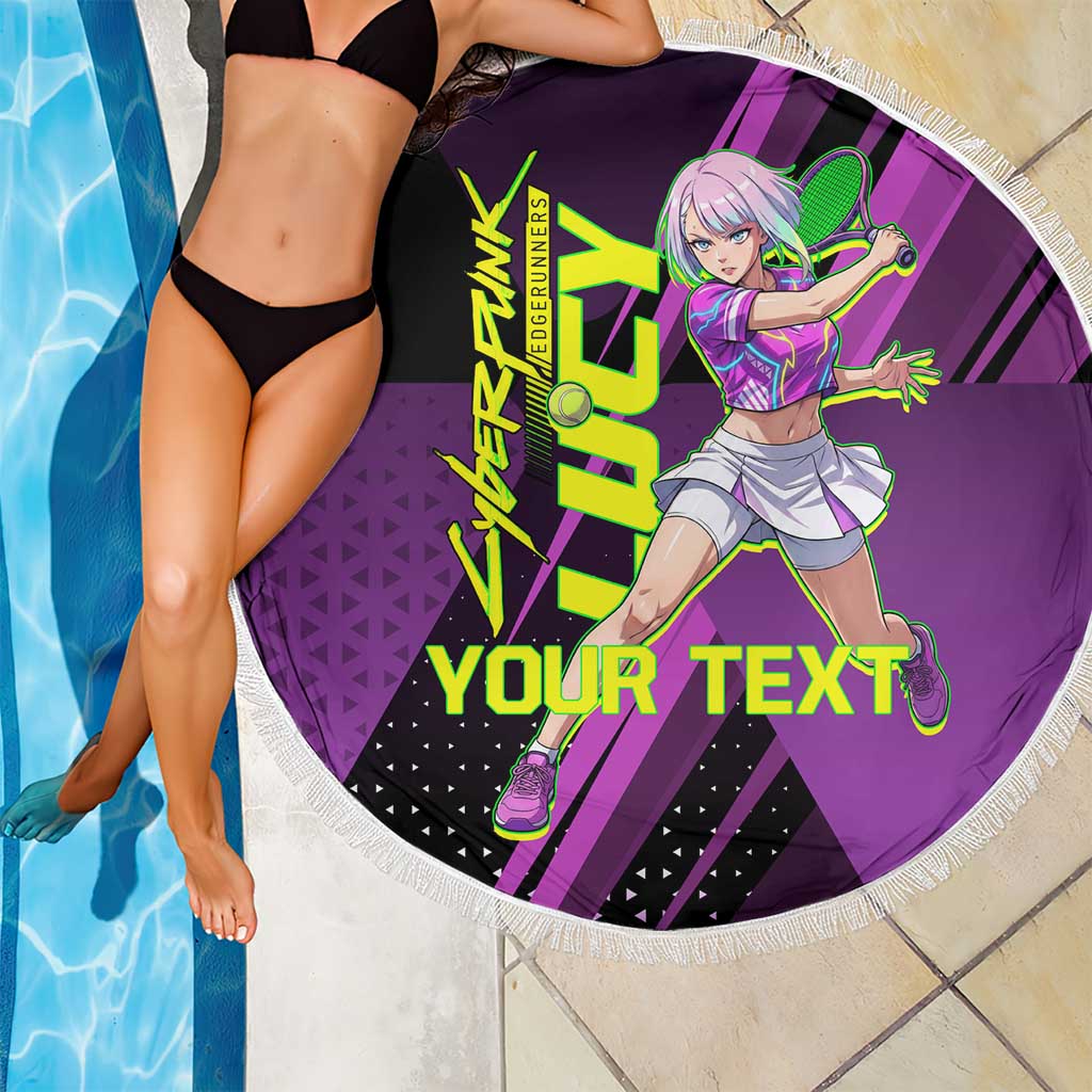 Personalized Lucy Tennis Design Beach Blanket with a Cyberpunk Edgerunners Theme Featuring Neon Purple and Dynamic Poses