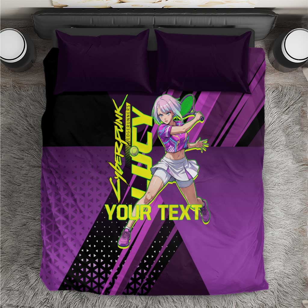 Personalized Lucy Tennis Design Bedding Set with a Cyberpunk Edgerunners Theme Featuring Neon Purple and Dynamic Poses