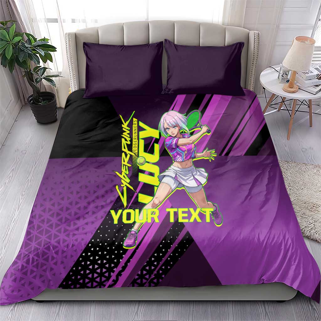 Personalized Lucy Tennis Design Bedding Set with a Cyberpunk Edgerunners Theme Featuring Neon Purple and Dynamic Poses
