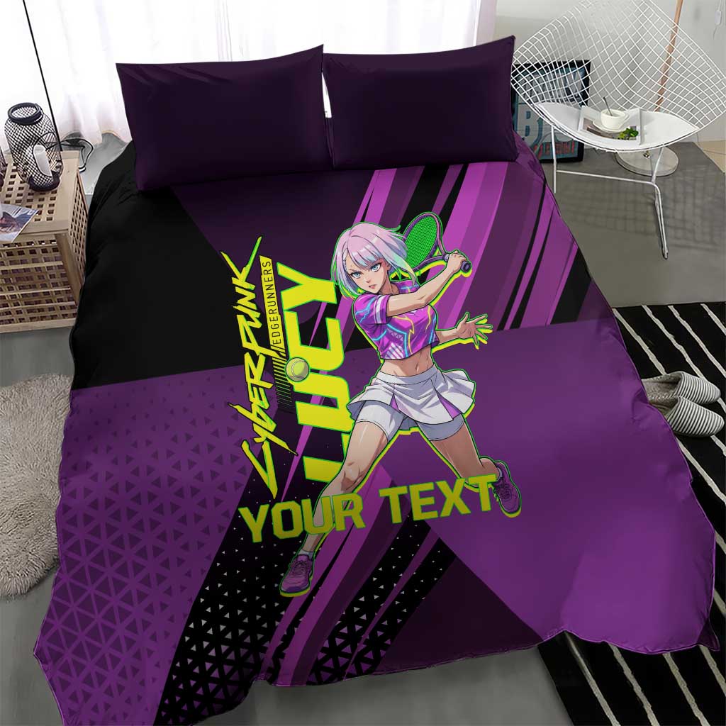 Personalized Lucy Tennis Design Bedding Set with a Cyberpunk Edgerunners Theme Featuring Neon Purple and Dynamic Poses