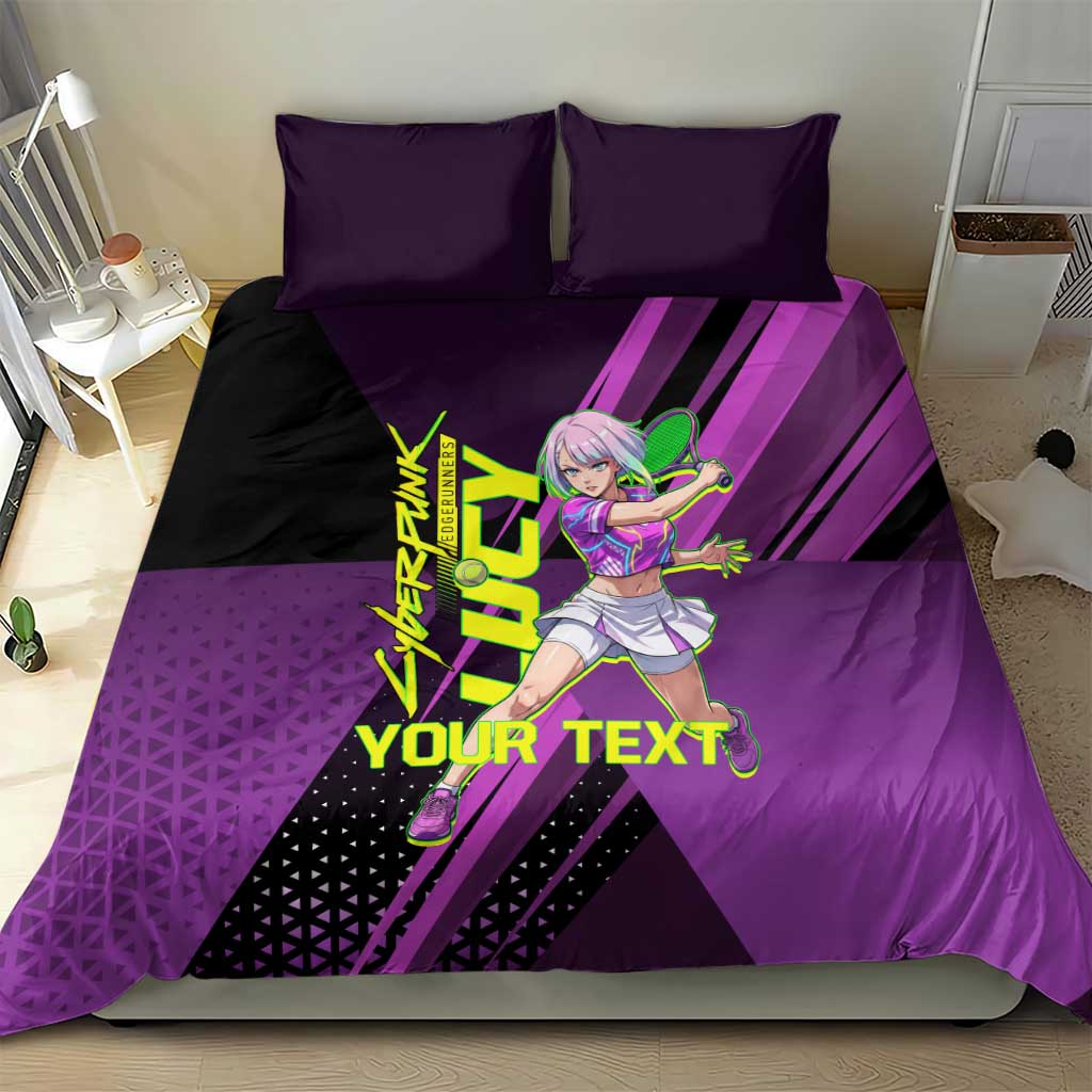 Personalized Lucy Tennis Design Bedding Set with a Cyberpunk Edgerunners Theme Featuring Neon Purple and Dynamic Poses