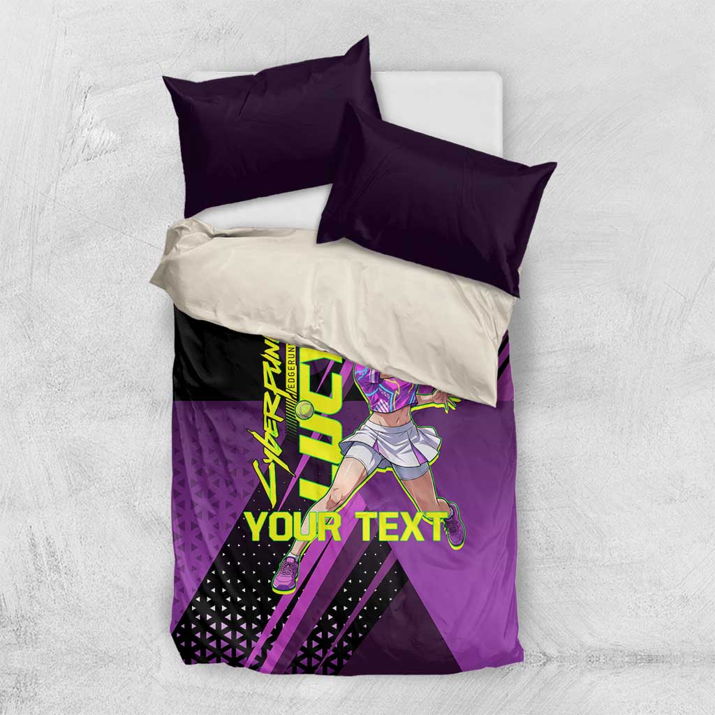Personalized Lucy Tennis Design Bedding Set with a Cyberpunk Edgerunners Theme Featuring Neon Purple and Dynamic Poses