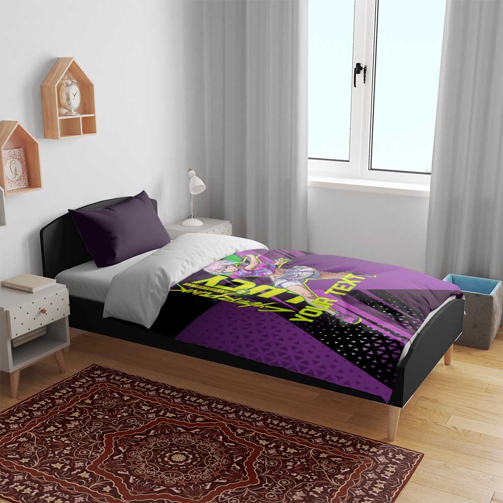 Personalized Lucy Tennis Design Bedding Set with a Cyberpunk Edgerunners Theme Featuring Neon Purple and Dynamic Poses
