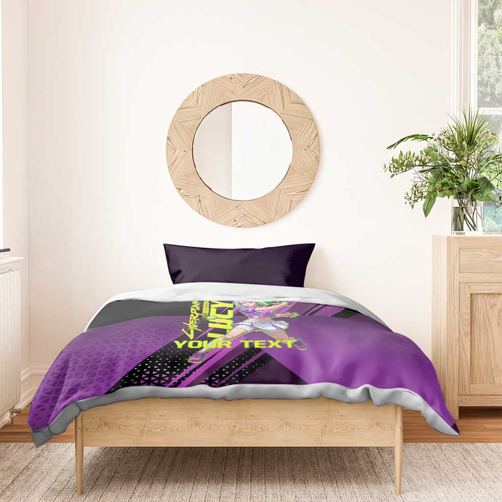 Personalized Lucy Tennis Design Bedding Set with a Cyberpunk Edgerunners Theme Featuring Neon Purple and Dynamic Poses