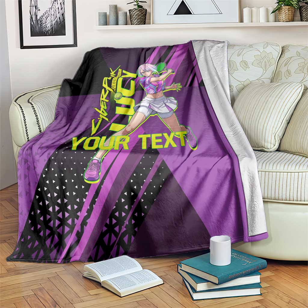 Personalized Lucy Tennis Design Blanket with a Cyberpunk Edgerunners Theme Featuring Neon Purple and Dynamic Poses