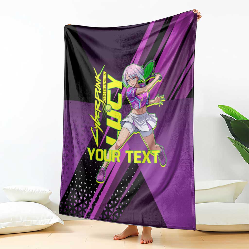 Personalized Lucy Tennis Design Blanket with a Cyberpunk Edgerunners Theme Featuring Neon Purple and Dynamic Poses