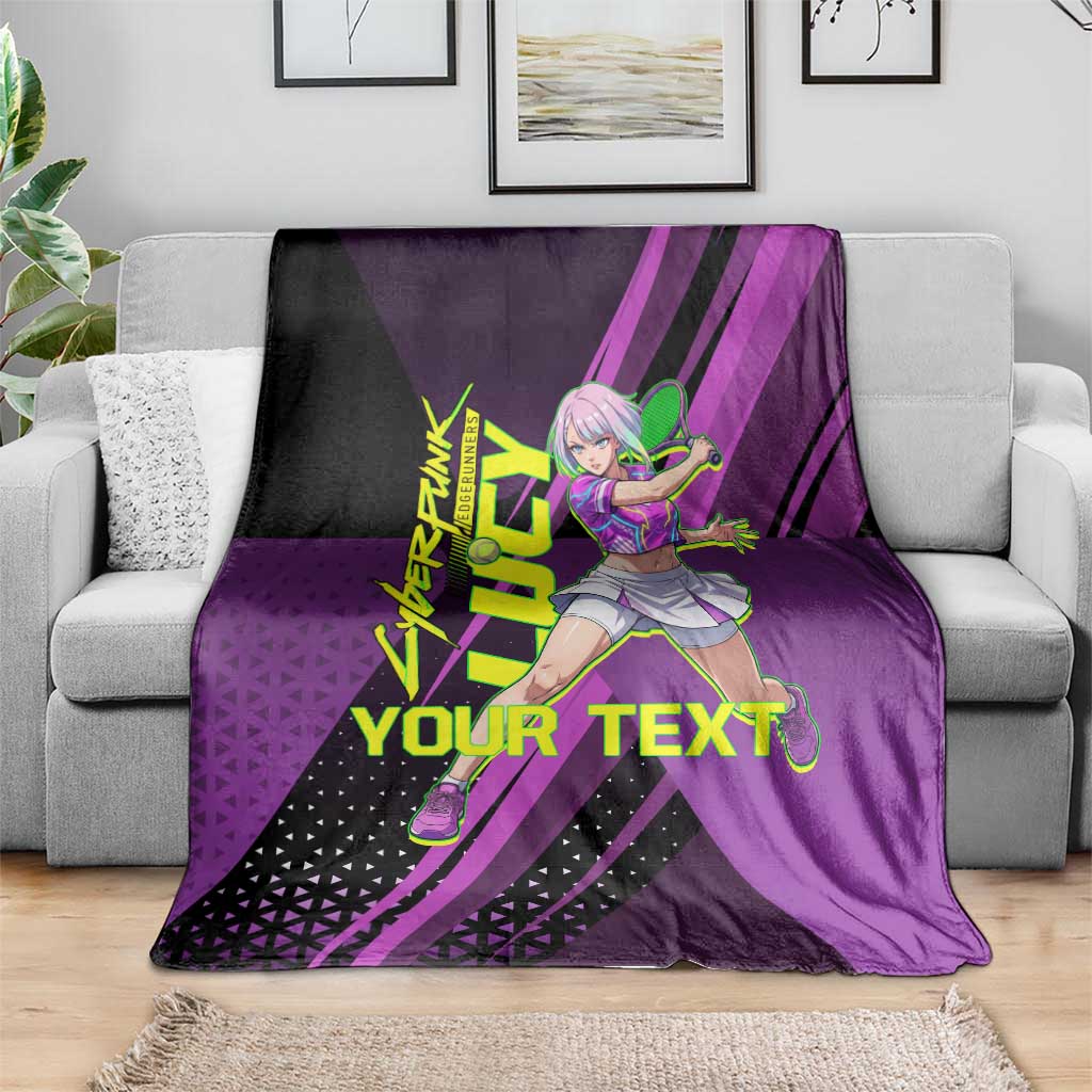 Personalized Lucy Tennis Design Blanket with a Cyberpunk Edgerunners Theme Featuring Neon Purple and Dynamic Poses