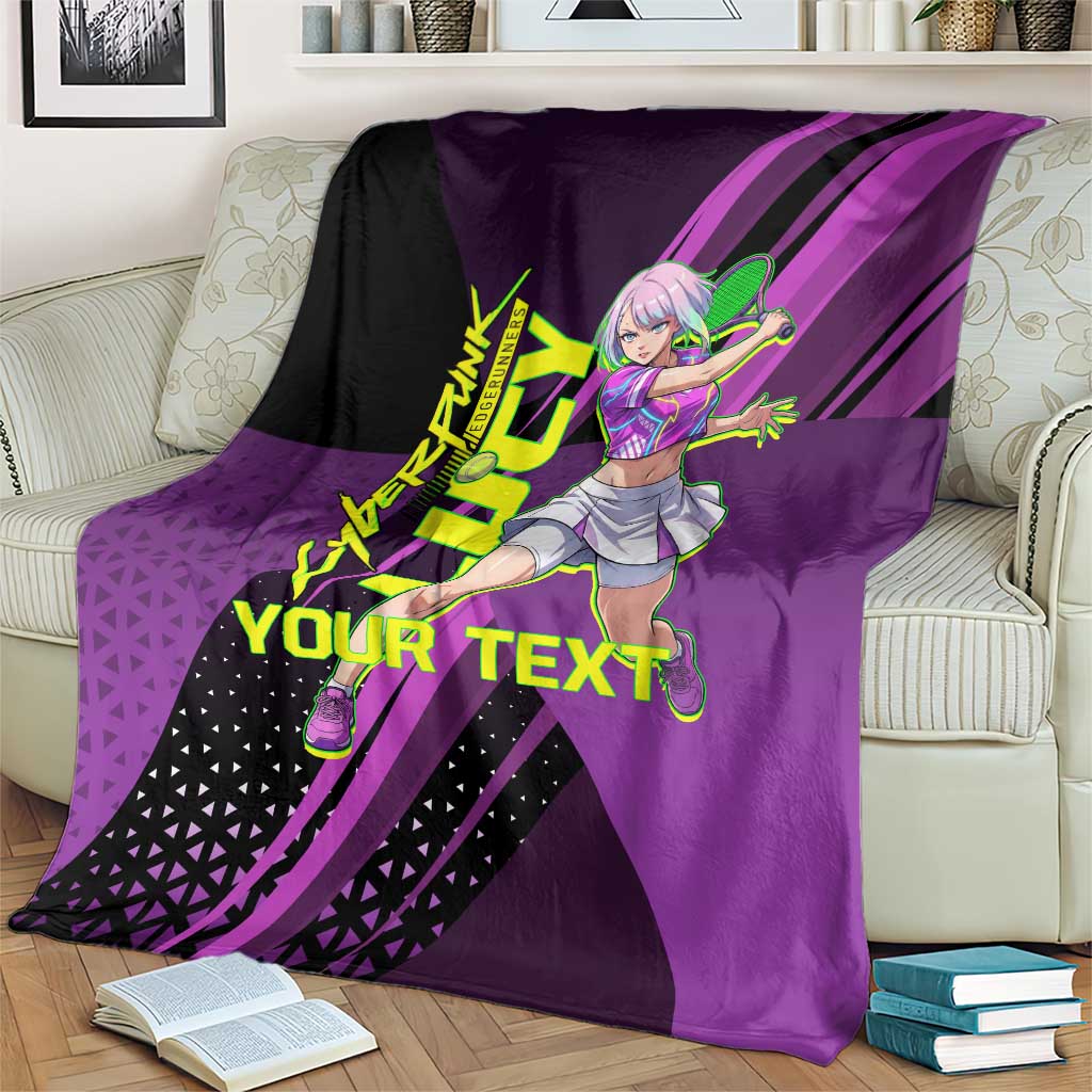 Personalized Lucy Tennis Design Blanket with a Cyberpunk Edgerunners Theme Featuring Neon Purple and Dynamic Poses