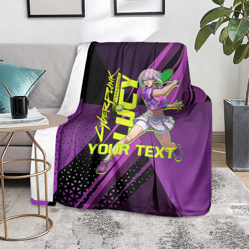 Personalized Lucy Tennis Design Blanket with a Cyberpunk Edgerunners Theme Featuring Neon Purple and Dynamic Poses