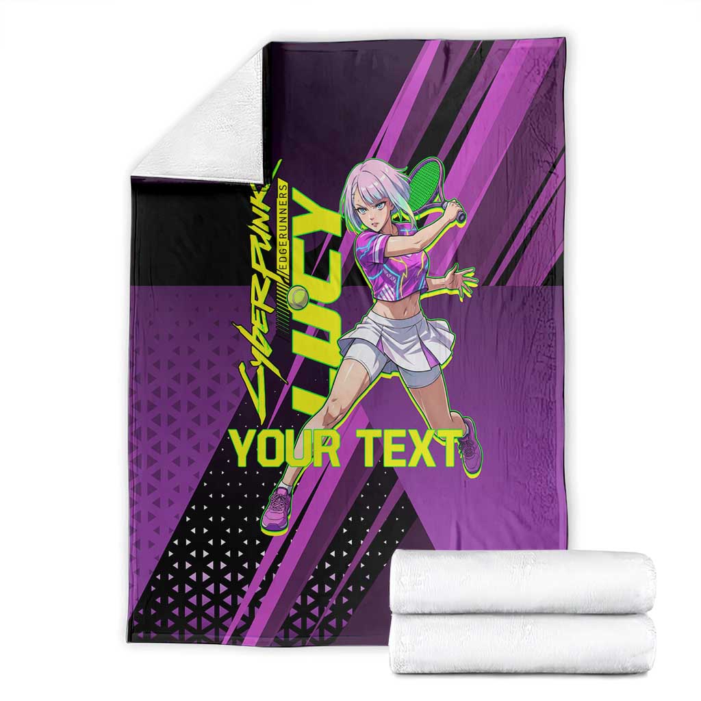 Personalized Lucy Tennis Design Blanket with a Cyberpunk Edgerunners Theme Featuring Neon Purple and Dynamic Poses