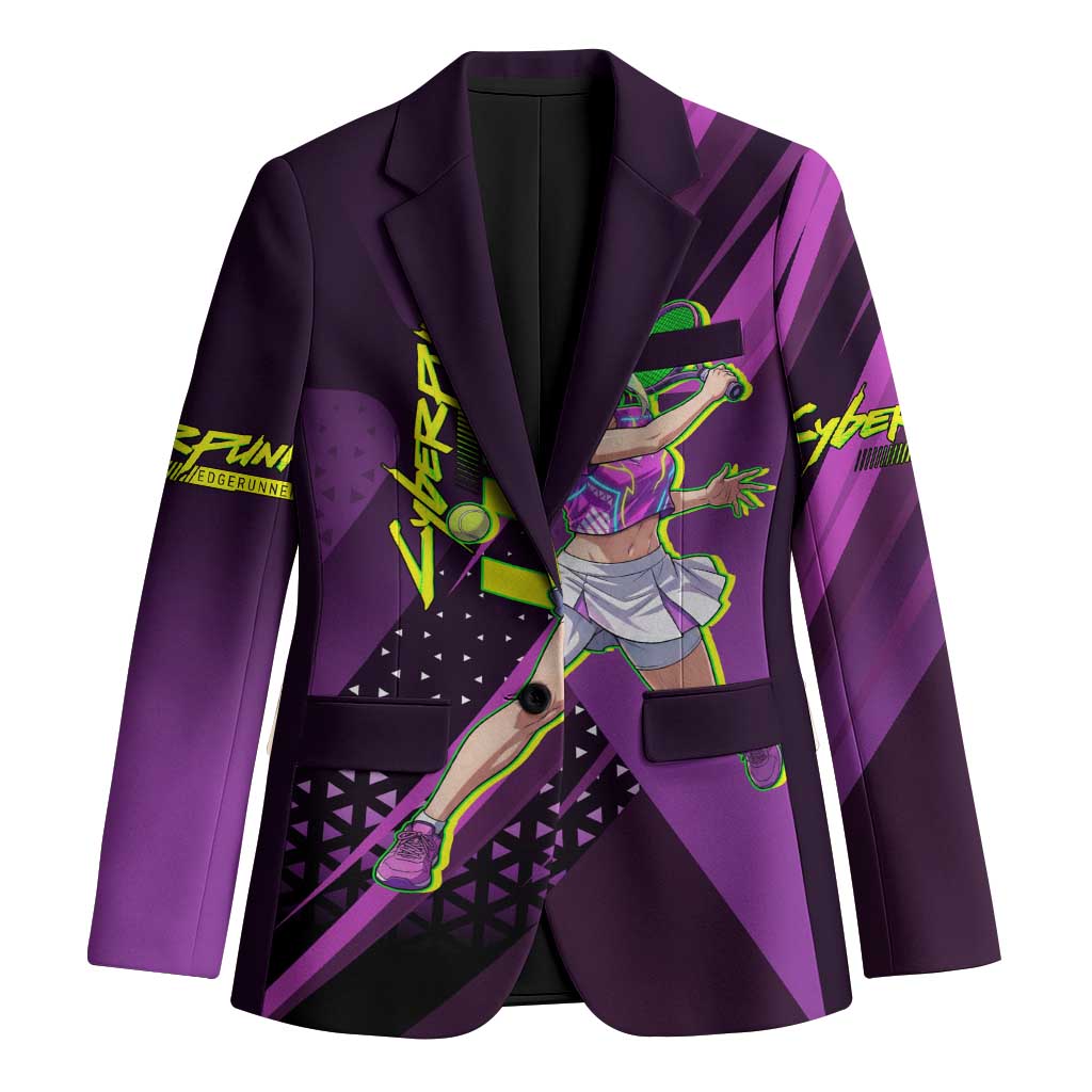Personalized Lucy Tennis Design Blazer with a Cyberpunk Edgerunners Theme Featuring Neon Purple and Dynamic Poses