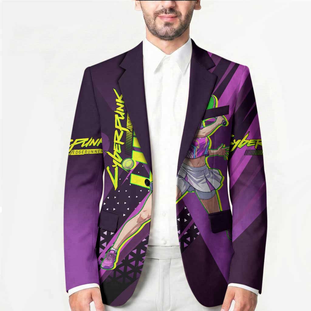 Personalized Lucy Tennis Design Blazer with a Cyberpunk Edgerunners Theme Featuring Neon Purple and Dynamic Poses