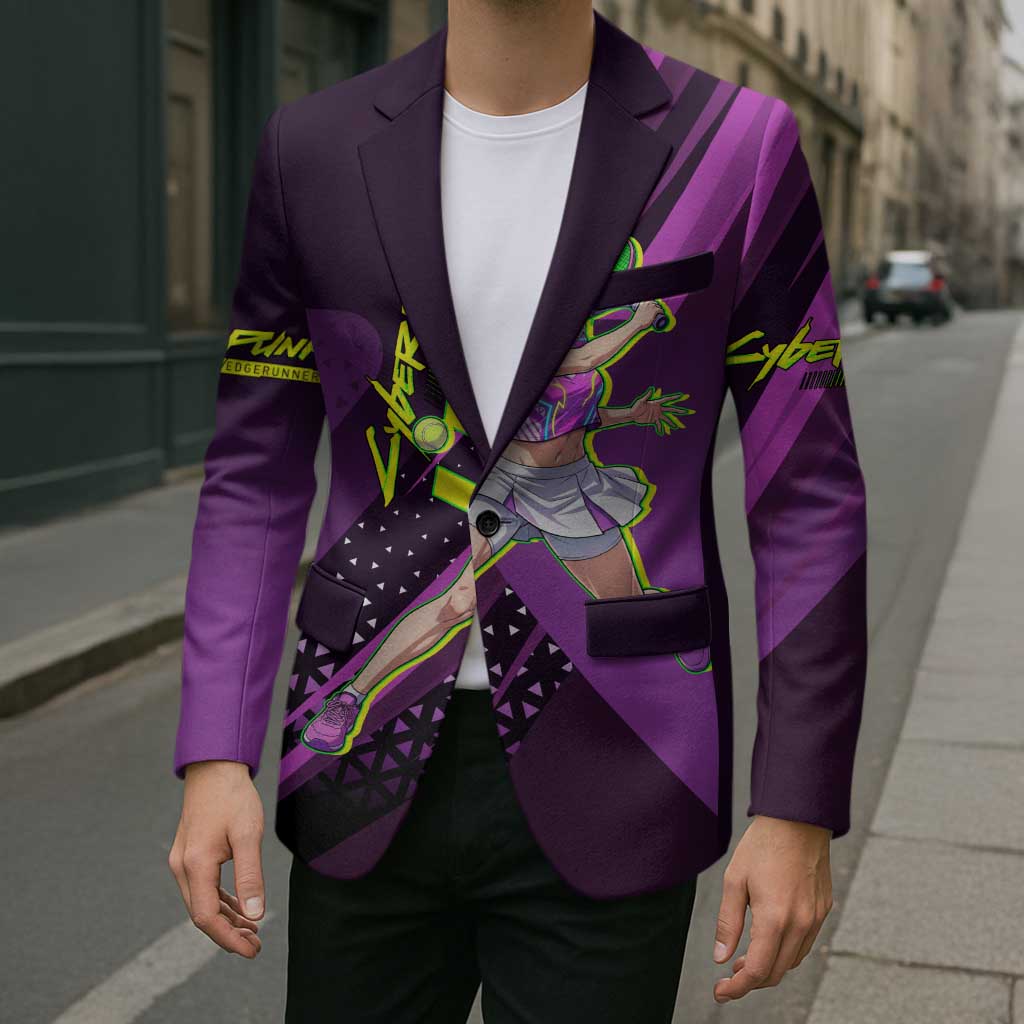 Personalized Lucy Tennis Design Blazer with a Cyberpunk Edgerunners Theme Featuring Neon Purple and Dynamic Poses