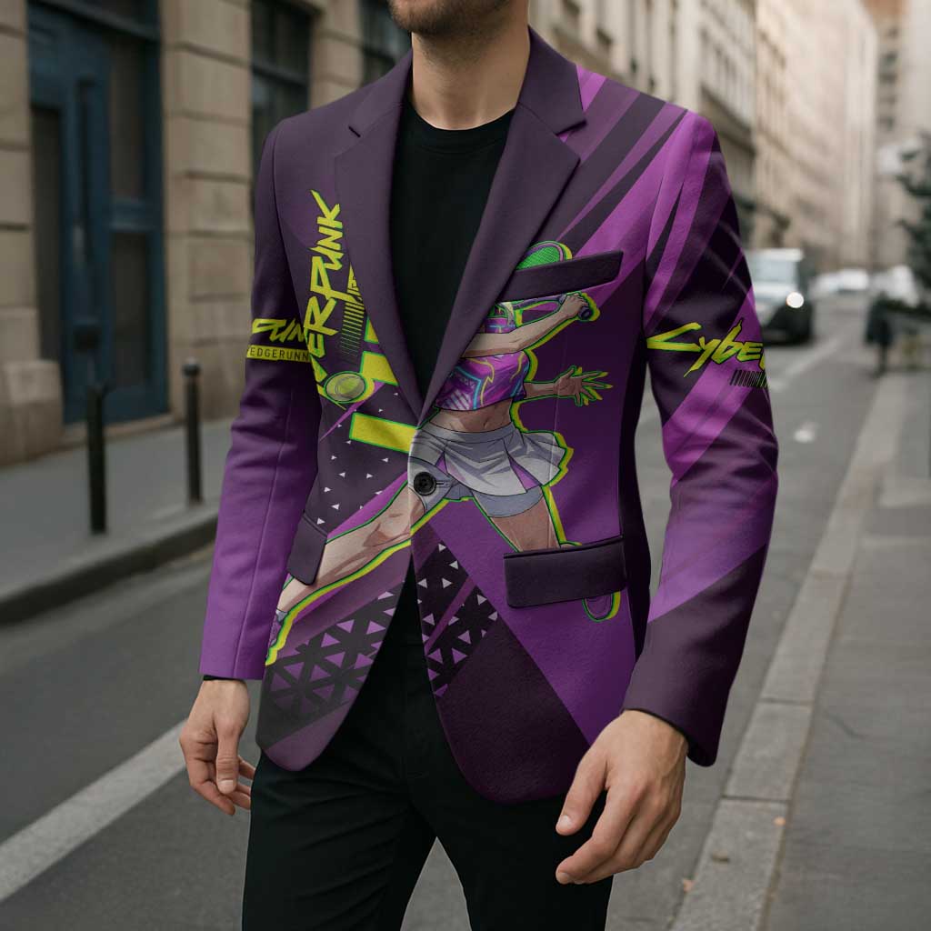Personalized Lucy Tennis Design Blazer with a Cyberpunk Edgerunners Theme Featuring Neon Purple and Dynamic Poses