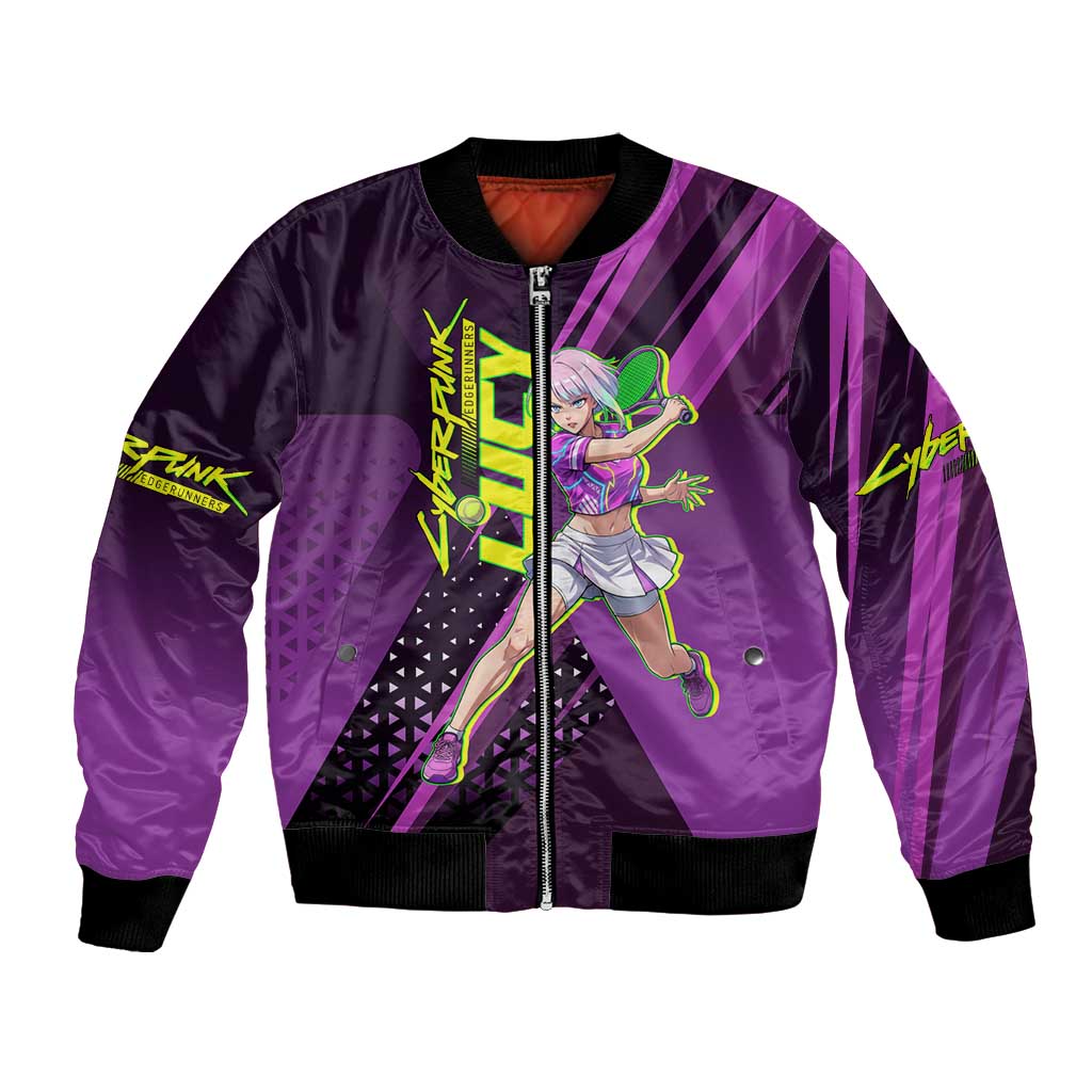 Personalized Lucy Tennis Design Bomber Jacket with a Cyberpunk Edgerunners Theme Featuring Neon Purple and Dynamic Poses