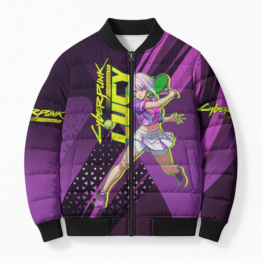 Personalized Lucy Tennis Design Bomber Puffer Jacket with a Cyberpunk Edgerunners Theme Featuring Neon Purple and Dynamic Poses