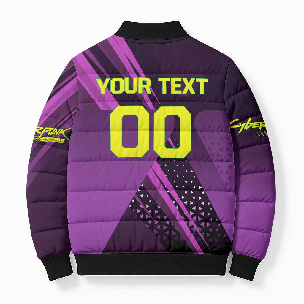 Personalized Lucy Tennis Design Bomber Puffer Jacket with a Cyberpunk Edgerunners Theme Featuring Neon Purple and Dynamic Poses