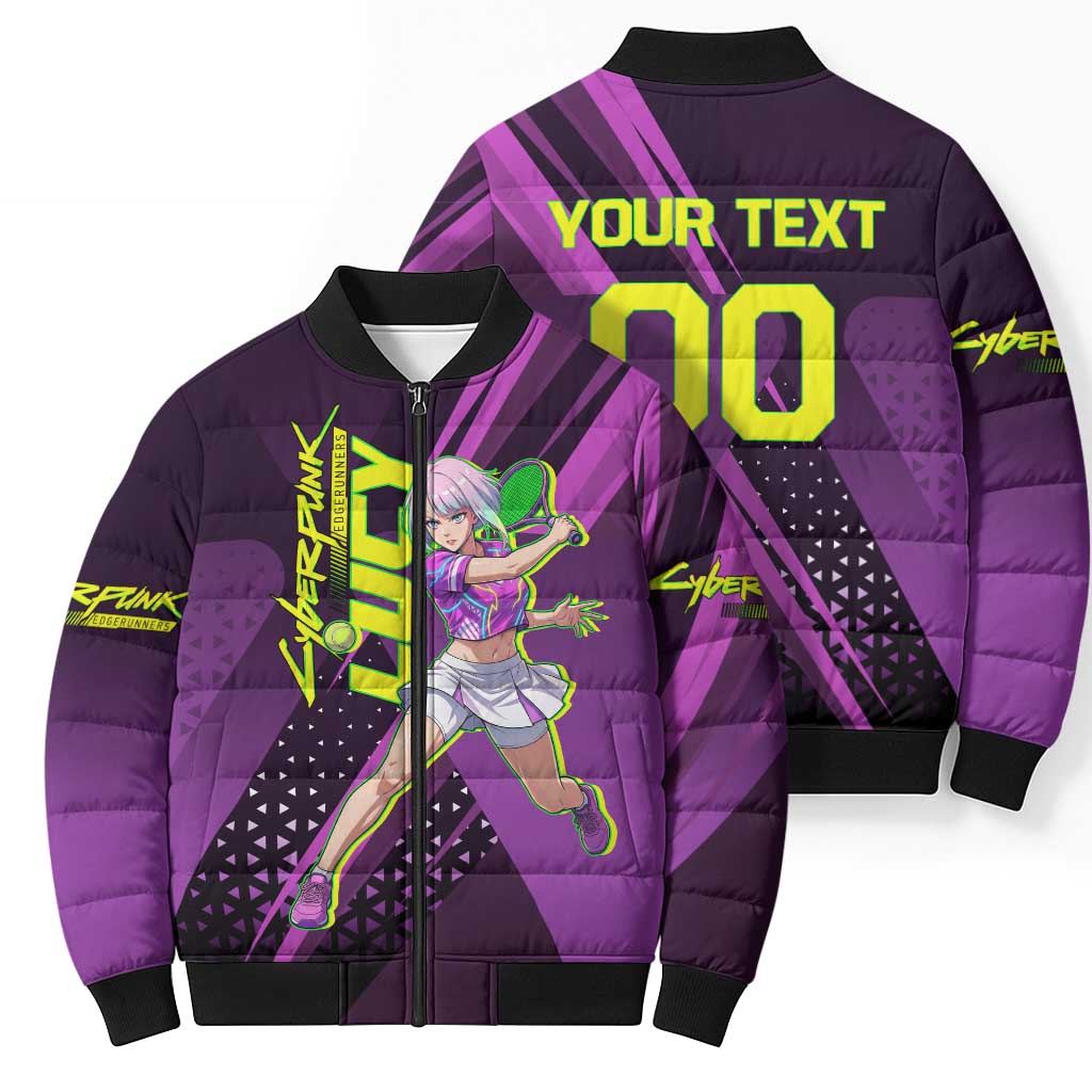 Personalized Lucy Tennis Design Bomber Puffer Jacket with a Cyberpunk Edgerunners Theme Featuring Neon Purple and Dynamic Poses