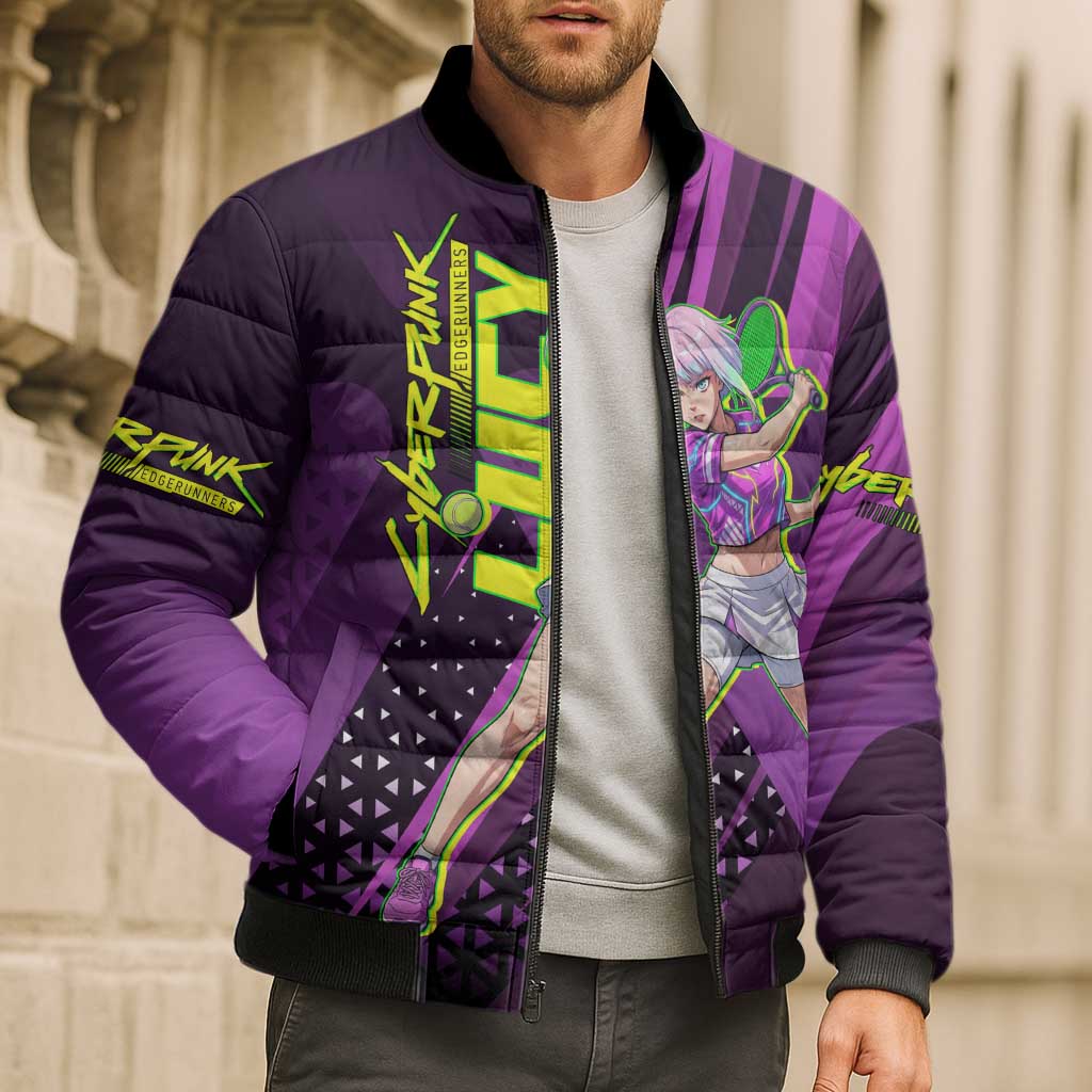 Personalized Lucy Tennis Design Bomber Puffer Jacket with a Cyberpunk Edgerunners Theme Featuring Neon Purple and Dynamic Poses