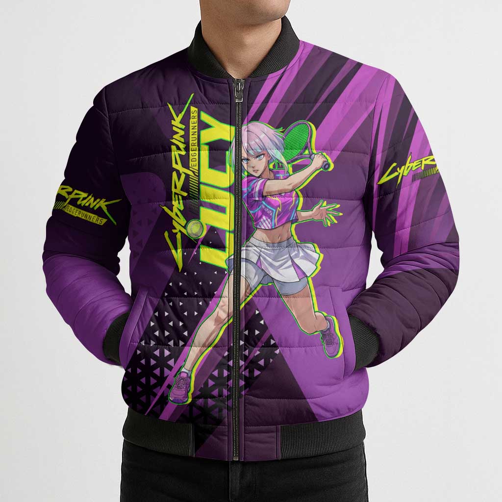 Personalized Lucy Tennis Design Bomber Puffer Jacket with a Cyberpunk Edgerunners Theme Featuring Neon Purple and Dynamic Poses