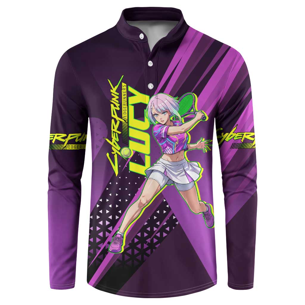 Personalized Lucy Tennis Design Button Sweatshirt with a Cyberpunk Edgerunners Theme Featuring Neon Purple and Dynamic Poses