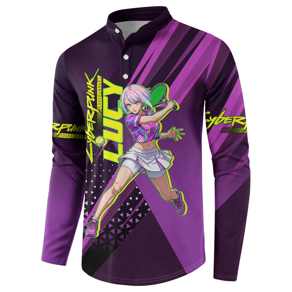 Personalized Lucy Tennis Design Button Sweatshirt with a Cyberpunk Edgerunners Theme Featuring Neon Purple and Dynamic Poses