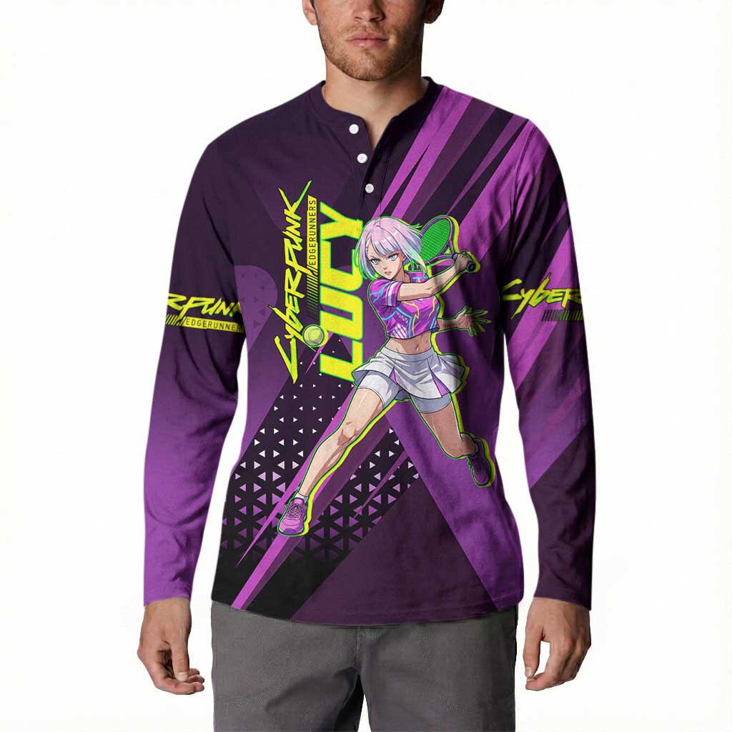 Personalized Lucy Tennis Design Button Sweatshirt with a Cyberpunk Edgerunners Theme Featuring Neon Purple and Dynamic Poses