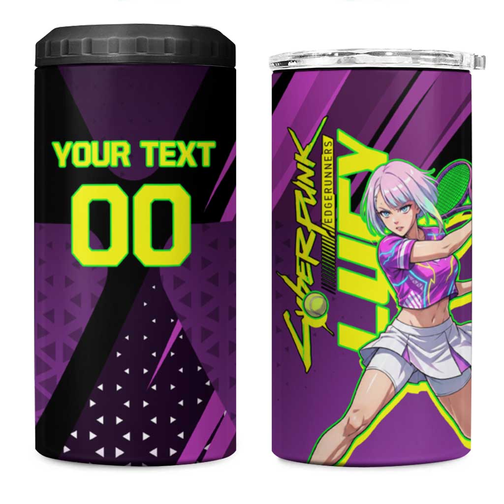 Personalized Lucy Tennis Design 4 in 1 Can Cooler Tumbler with a Cyberpunk Edgerunners Theme Featuring Neon Purple and Dynamic Poses