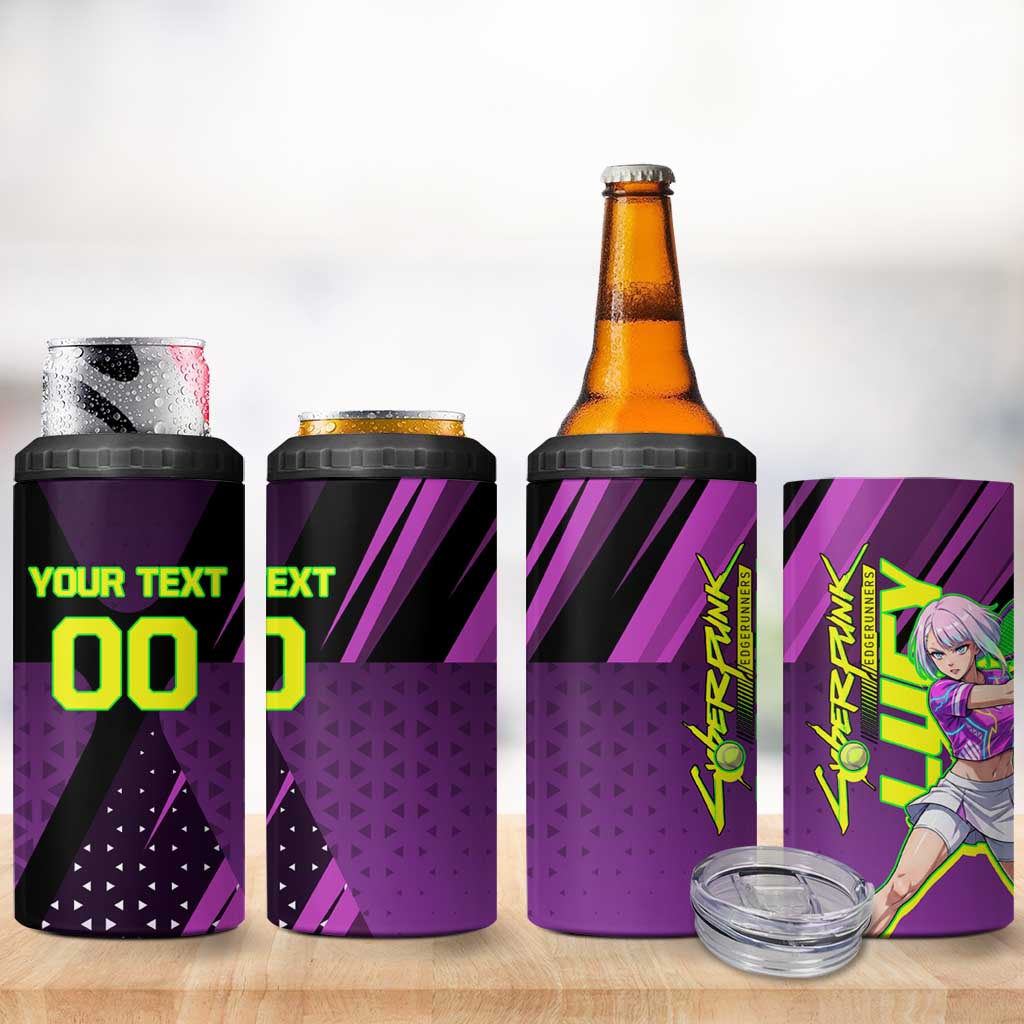 Personalized Lucy Tennis Design 4 in 1 Can Cooler Tumbler with a Cyberpunk Edgerunners Theme Featuring Neon Purple and Dynamic Poses