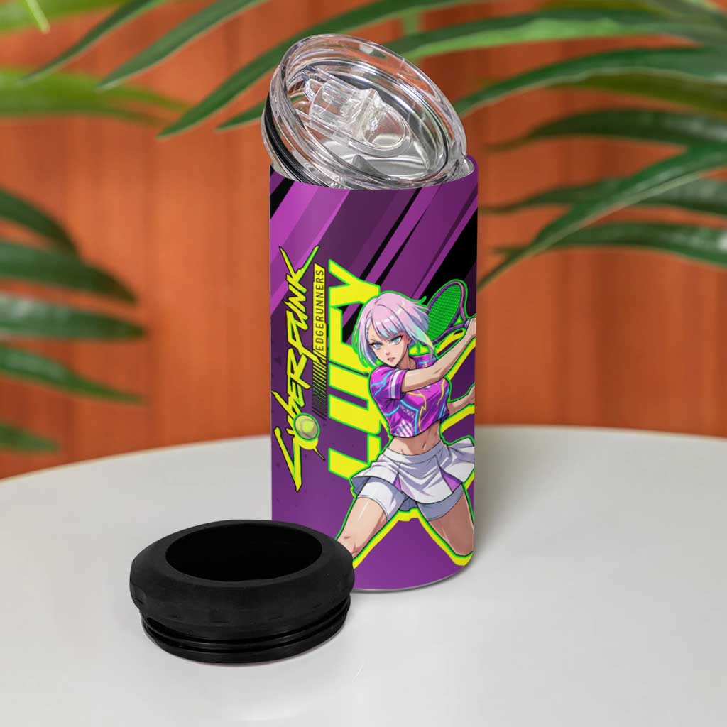Personalized Lucy Tennis Design 4 in 1 Can Cooler Tumbler with a Cyberpunk Edgerunners Theme Featuring Neon Purple and Dynamic Poses