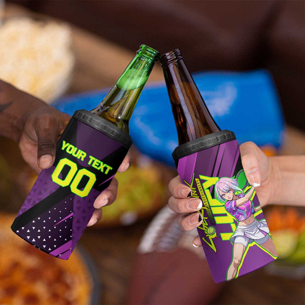 Personalized Lucy Tennis Design 4 in 1 Can Cooler Tumbler with a Cyberpunk Edgerunners Theme Featuring Neon Purple and Dynamic Poses