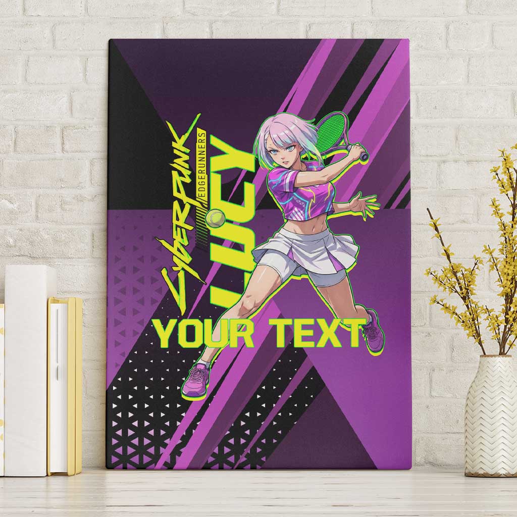 Personalized Lucy Tennis Design Canvas Wall Art with a Cyberpunk Edgerunners Theme Featuring Neon Purple and Dynamic Poses
