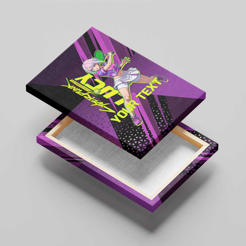 Personalized Lucy Tennis Design Canvas Wall Art with a Cyberpunk Edgerunners Theme Featuring Neon Purple and Dynamic Poses