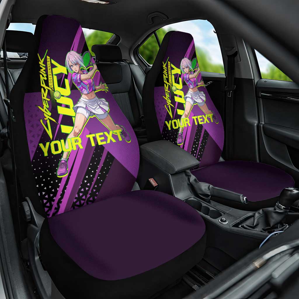 Personalized Lucy Tennis Design Car Seat Cover with a Cyberpunk Edgerunners Theme Featuring Neon Purple and Dynamic Poses