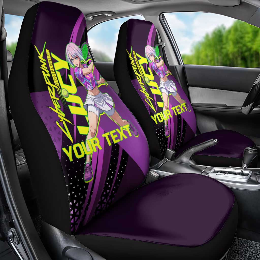 Personalized Lucy Tennis Design Car Seat Cover with a Cyberpunk Edgerunners Theme Featuring Neon Purple and Dynamic Poses