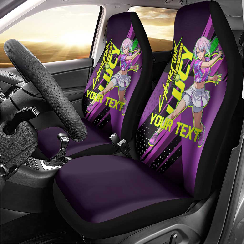 Personalized Lucy Tennis Design Car Seat Cover with a Cyberpunk Edgerunners Theme Featuring Neon Purple and Dynamic Poses