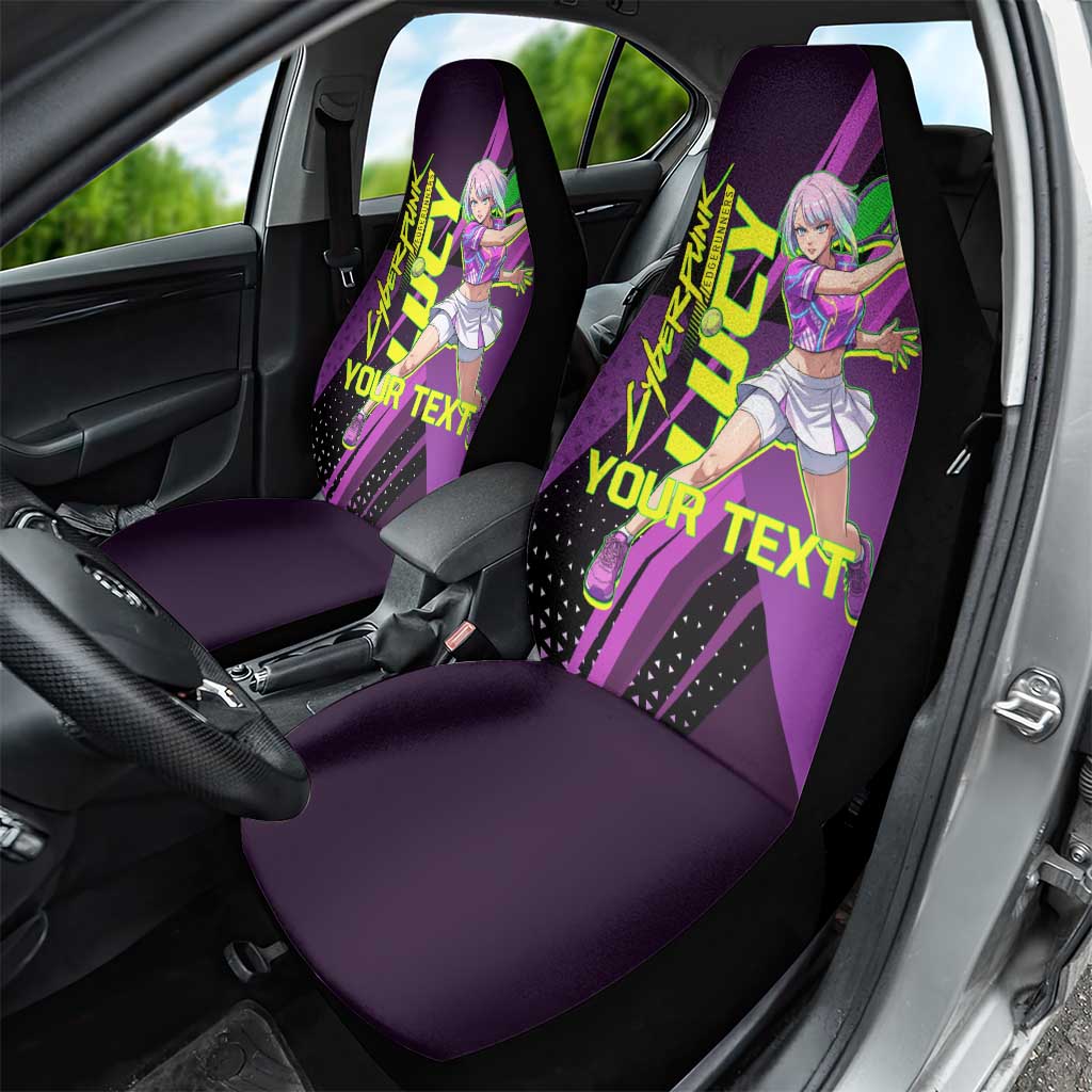 Personalized Lucy Tennis Design Car Seat Cover with a Cyberpunk Edgerunners Theme Featuring Neon Purple and Dynamic Poses