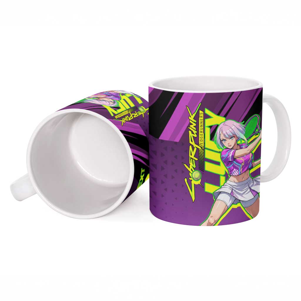 Personalized Lucy Tennis Design Ceramic Mug with a Cyberpunk Edgerunners Theme Featuring Neon Purple and Dynamic Poses
