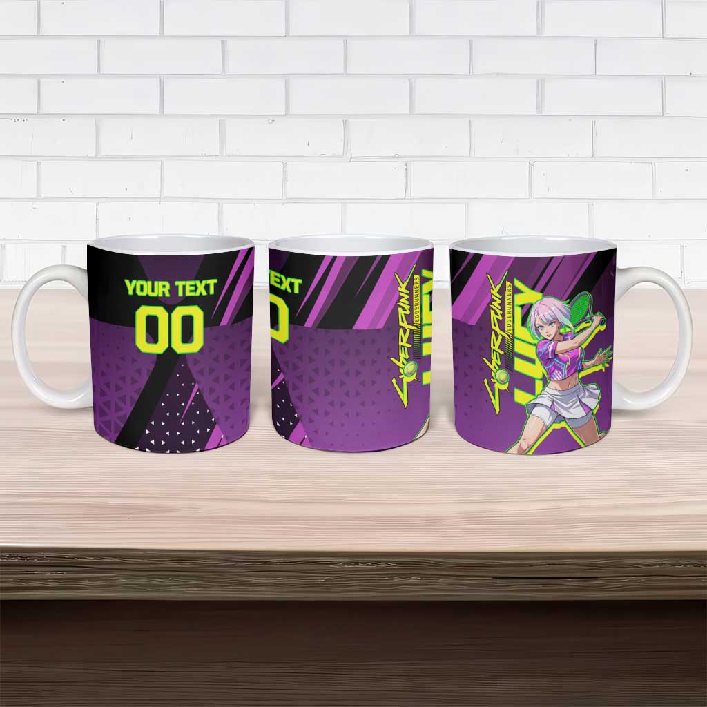 Personalized Lucy Tennis Design Ceramic Mug with a Cyberpunk Edgerunners Theme Featuring Neon Purple and Dynamic Poses