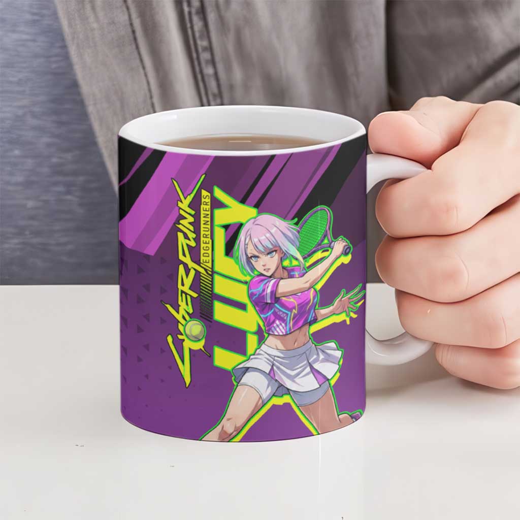 Personalized Lucy Tennis Design Ceramic Mug with a Cyberpunk Edgerunners Theme Featuring Neon Purple and Dynamic Poses