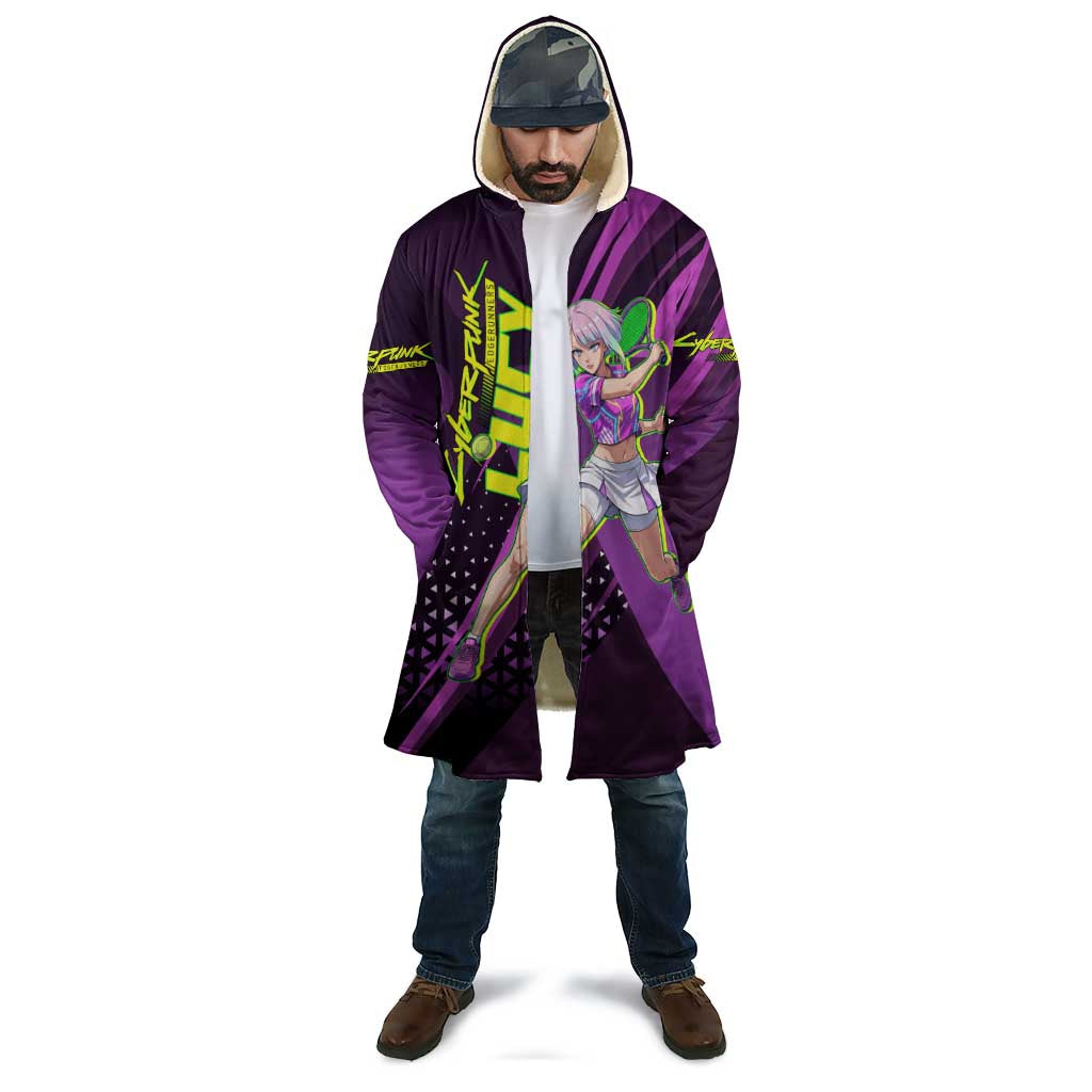Personalized Lucy Tennis Design Cloak with a Cyberpunk Edgerunners Theme Featuring Neon Purple and Dynamic Poses