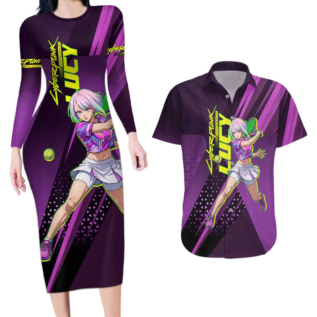 Personalized Lucy Tennis Design Couples Matching Long Sleeve Bodycon Dress and Hawaiian Shirt with a Cyberpunk Edgerunners Theme Featuring Neon Purple and Dynamic Poses