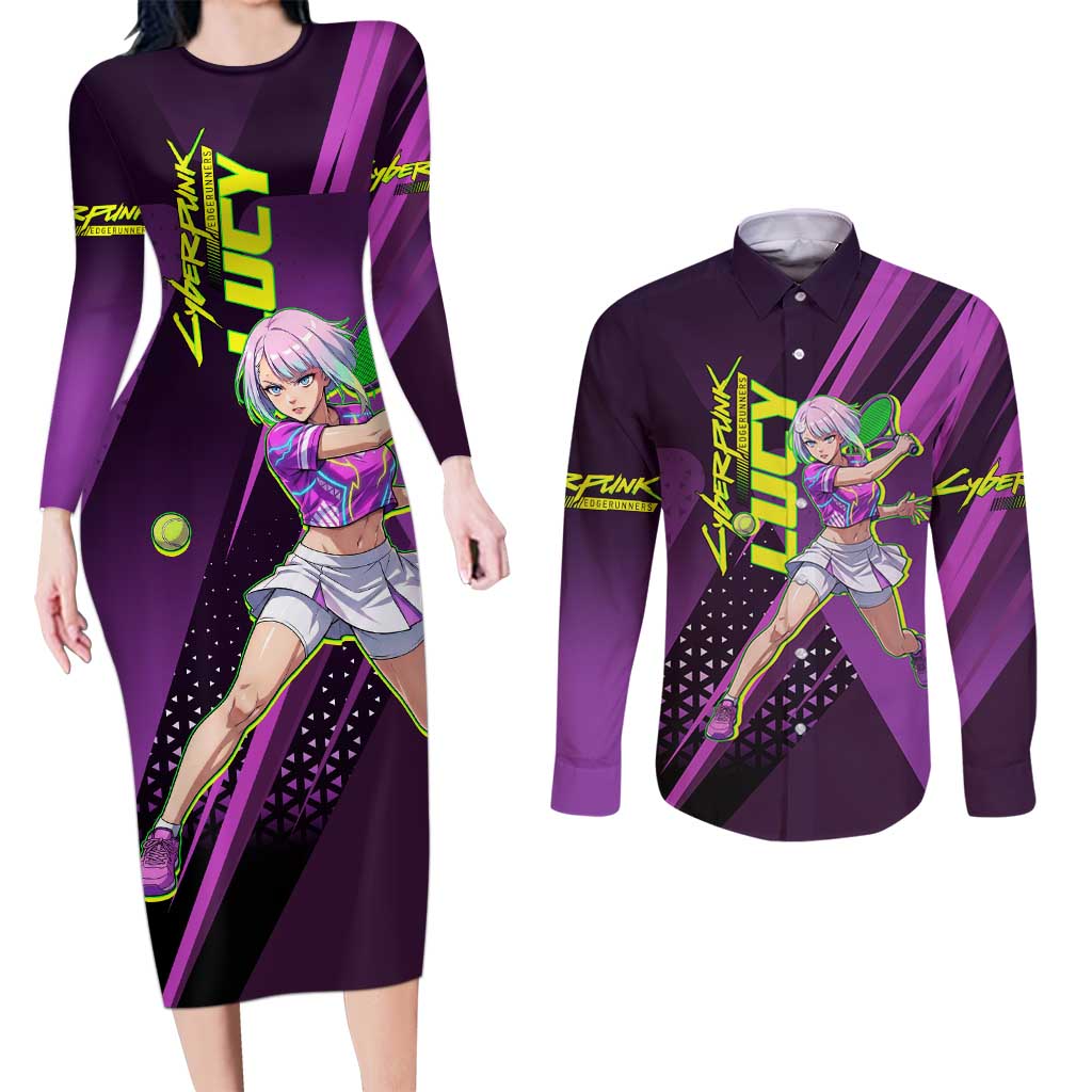 Personalized Lucy Tennis Design Couples Matching Long Sleeve Bodycon Dress and Long Sleeve Button Shirt with a Cyberpunk Edgerunners Theme Featuring Neon Purple and Dynamic Poses