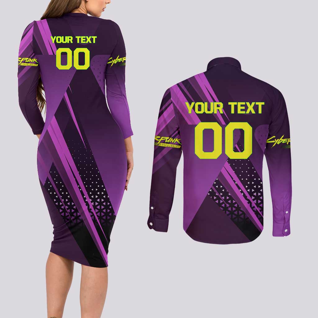 Personalized Lucy Tennis Design Couples Matching Long Sleeve Bodycon Dress and Long Sleeve Button Shirt with a Cyberpunk Edgerunners Theme Featuring Neon Purple and Dynamic Poses